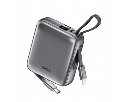 BWOO  P74 22.5W 10000 mAh  2 wbudowanymi kablami 1 x USB-C 1 x Lightning srebrny