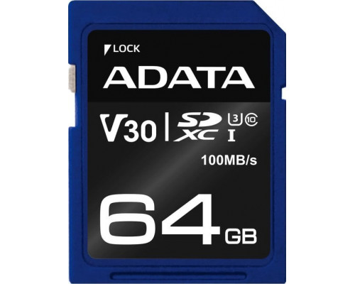SD  ADATA Premier Pro SDXC 64 GB Class 10 UHS-I/U3 V30 (ASDX64GUI3V30S-R)