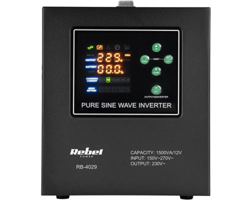 UPS Rebel Power awaryjny POWER-1500-LFP4 - przetwornica z czystym przebiegiem sinusoidalnym i funkcją ładowania 12V 230V 1500VA/1050W (RB-4029)