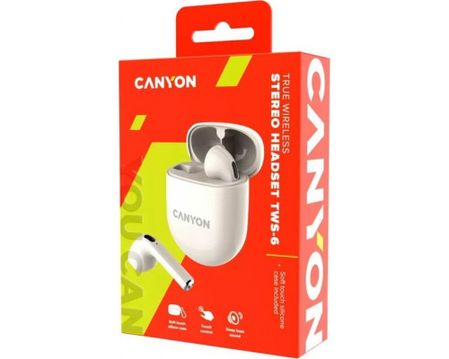 Canyon CANYON TWS-6, Bluetooth headset, with microphone, BT V5.3 JL 6976D4, Frequence Response:20Hz-20kHz, battery EarBud 30mAh*2+Charging Case 400mAh, type-C cable length 0.24m, Size: 64*48*26mm, 0.040kg, Beige