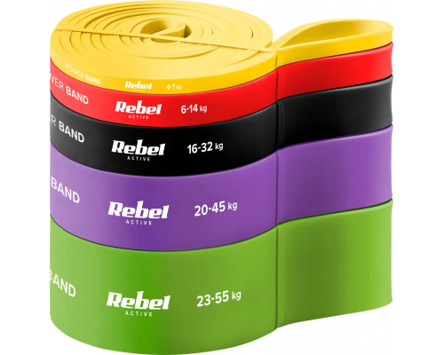 Rebel TPE vingrošanas gumijasijas komplekts - Power Band PTs-1, 4-55 kg, 5 TPE gumijasijas, REBEL ACTIVE