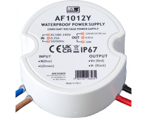 AF1012Y: MW Power 10W 12V/0.83A round LED power supply, IP67