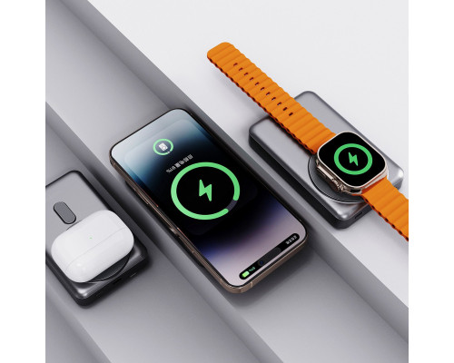 Dudao K29 10000mAh PD 20W z MagSafe z metalową obudową, podstawką i wbudowanymi kablami USB-C/Lightning - gray