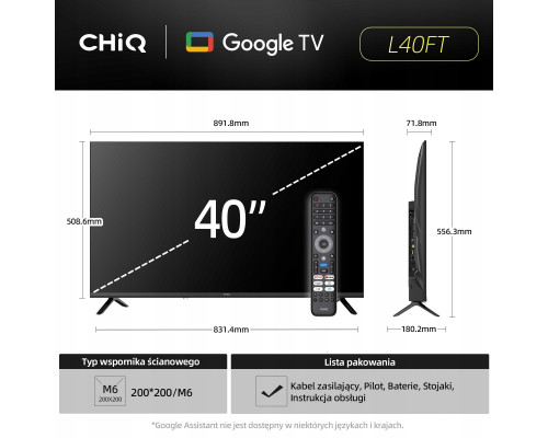 CHiQ L40FT TV 40", FHD, smart, Google TV, dbx-tv, Dolby Audio, Frameless