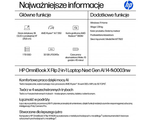 Laptop HP OmniBook X Flip 2-in-1 NG AI 14-fk0003nw - Ryzen AI 7 350 | 14"-3K-OLED-Touch | 32GB | 1TB | Win11Home | Meteor silver