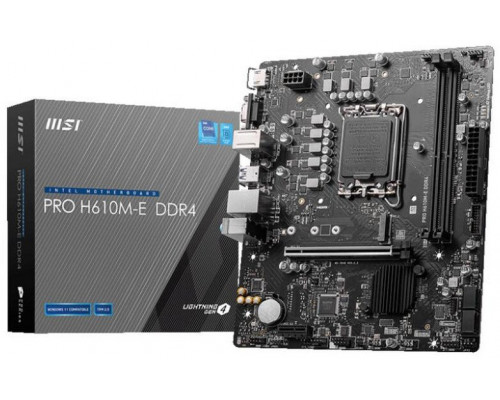 MSI PRO H610M-E DDR4 | Processor family Intel | Processor socket LGA1700 | DDR4 DIMM | Memory slots 2 | Supported hard disk drive interfaces SATA, M.2 | Number of SATA connectors 4 | Chipset Intel H610 | Mirco-ATX