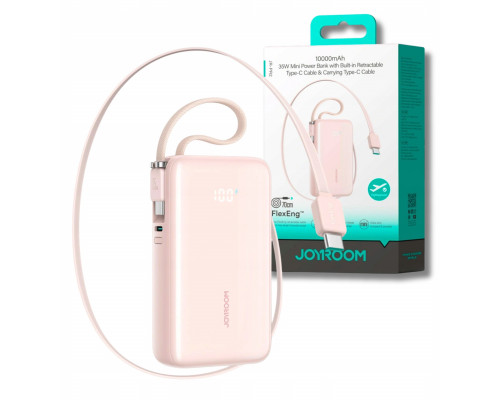 Joyroom JR-PR2L 10000mAh 35W with a built-in zwijanym kablem USB-C i kablem-smyczą USB-C - różowy