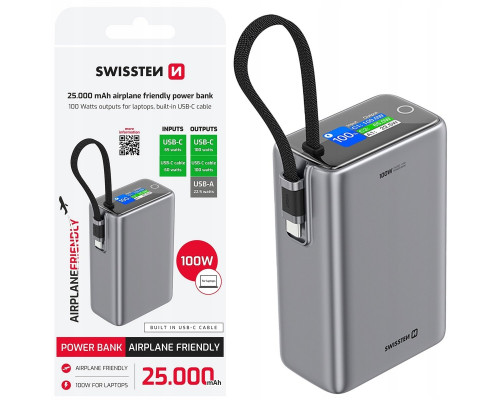 Swissten Power Bank 25000 mAh (96.25Wh) 100W with Built-in USB-C Cable