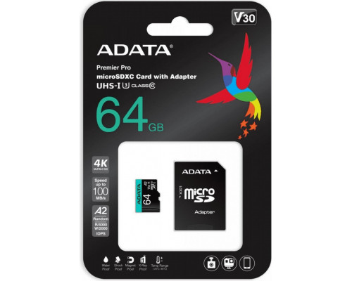 ADATA Premier Pro MicroSDXC 64GB Class 10 UHS-I / U3 A2 V30 Card (AUSDX64GUI3V30SA2-RA1)